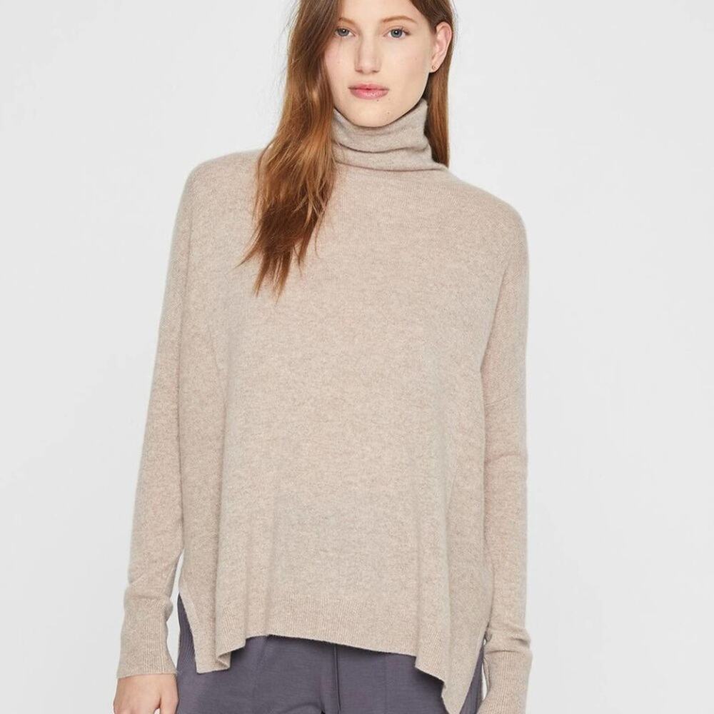 CLUB MONACO 100% Cashmere Mock Turtleneck Sweater Tan Stone {UU1}